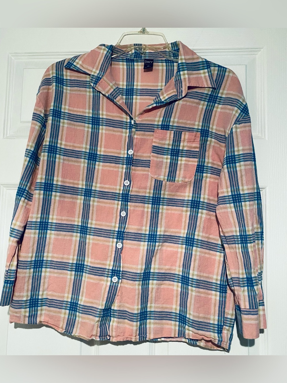 Cozy Plaid Button-Up Shirt in Pink and Blue
